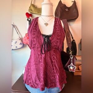 Free People Deep Red Lace-Up Blouse